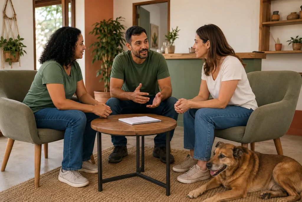 Três pessoas conversam em uma sala enquanto um cão descansa ao lado.
