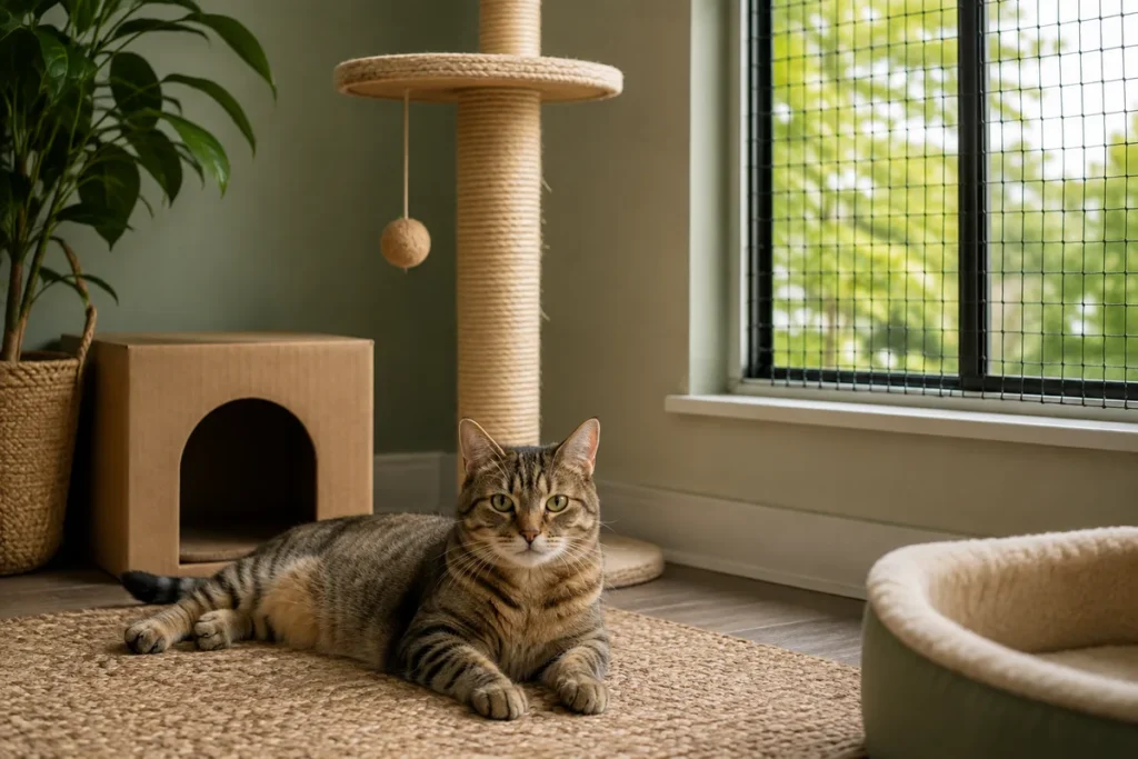 Gato descansando em uma casa com tela de proteção na janela